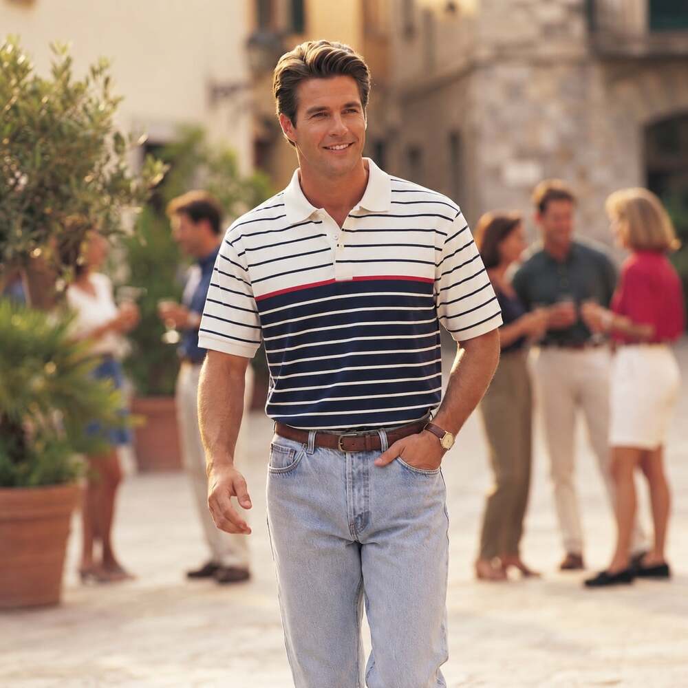 Jantzen Mens L Polo Shirt White Navy Striped Cotton Made in USA Vintage Heritage